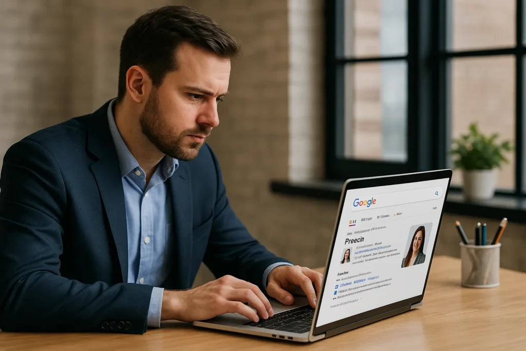 Recruiter checking candidate profile online before interview