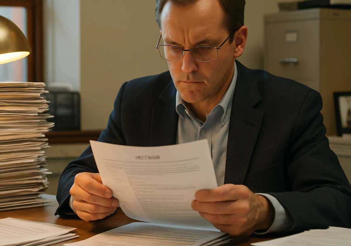 Hiring manager at a cluttered office desk rapidly reviewing printed