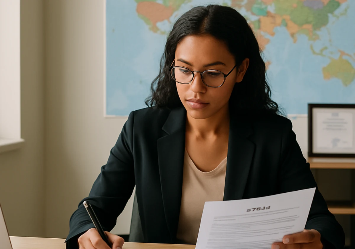 International HR specialist seated at her desk methodically comparing